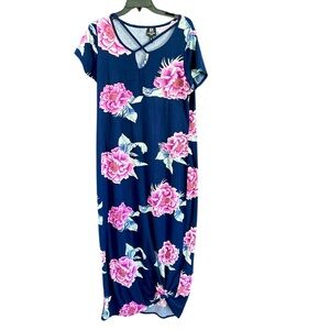 Derek Heart Blue & Pink Tropical Floral Maxi T Shirt Dress Size 1X Resort Beach